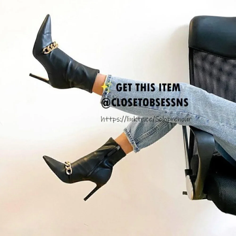 Zara Black Pointed Toe Stiletto Ankle Boots with Gold Chain
